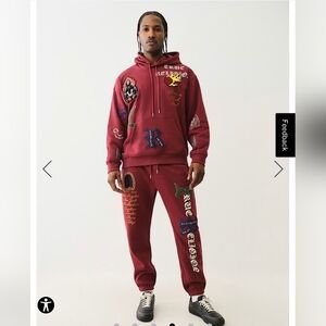 New Men's Burgundy true religion logo patch embroidery Graphic Sweatpants Small
